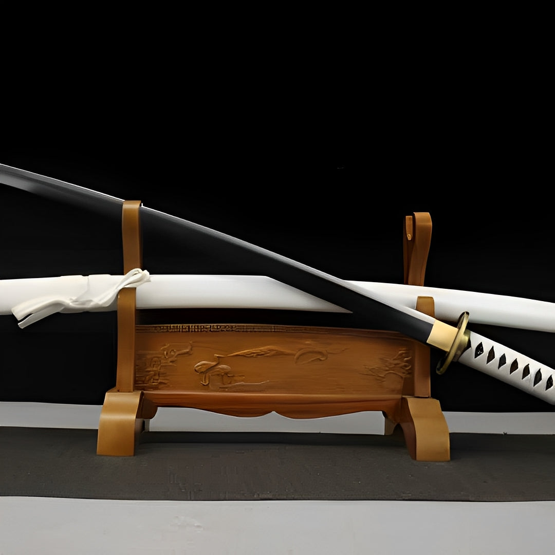 Wado Ichimonji silver blade displayed beside its white scabbard
