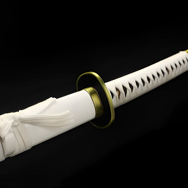 Wado Ichimonji sword close-up showing brass oval tsuba and white cotton ito handle with black rayskin