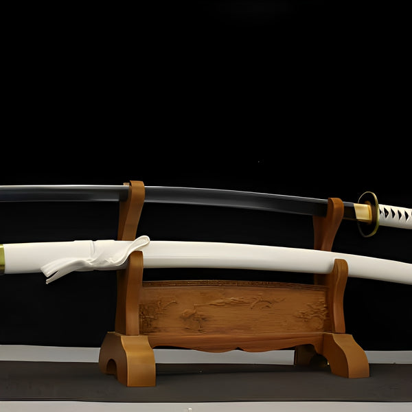 Zoro Wado Ichimonji full set with white scabbard, brass fittings, and wooden stand
