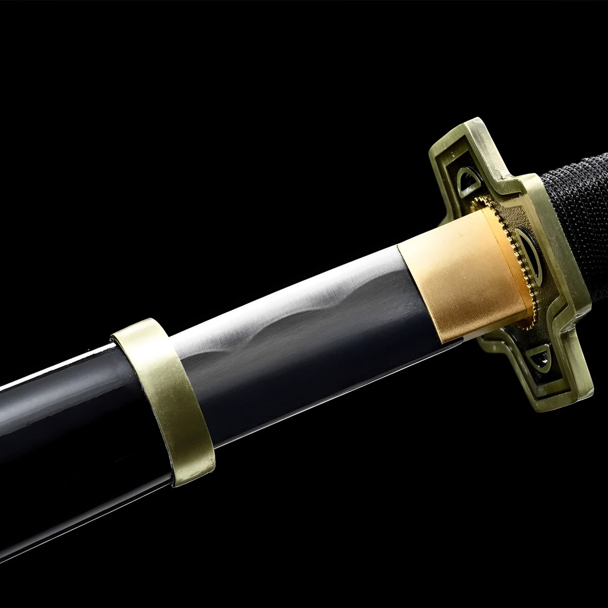 Yubashiri katana with a geometric brass guard and polished blade